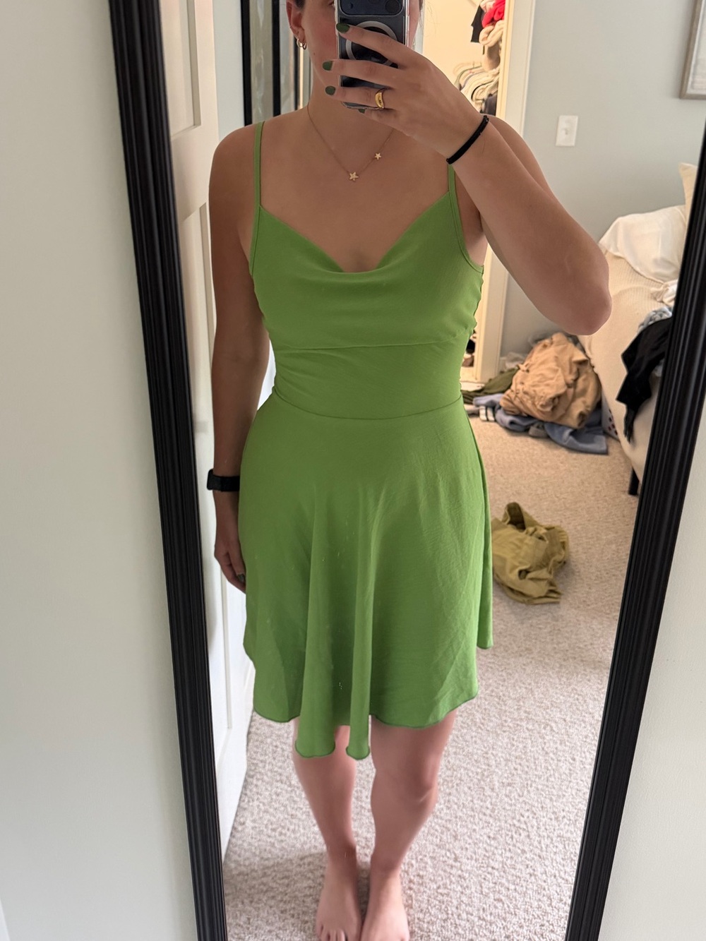 Green Cowl Neck Slip Dress - Sleeveless Flared Skirt